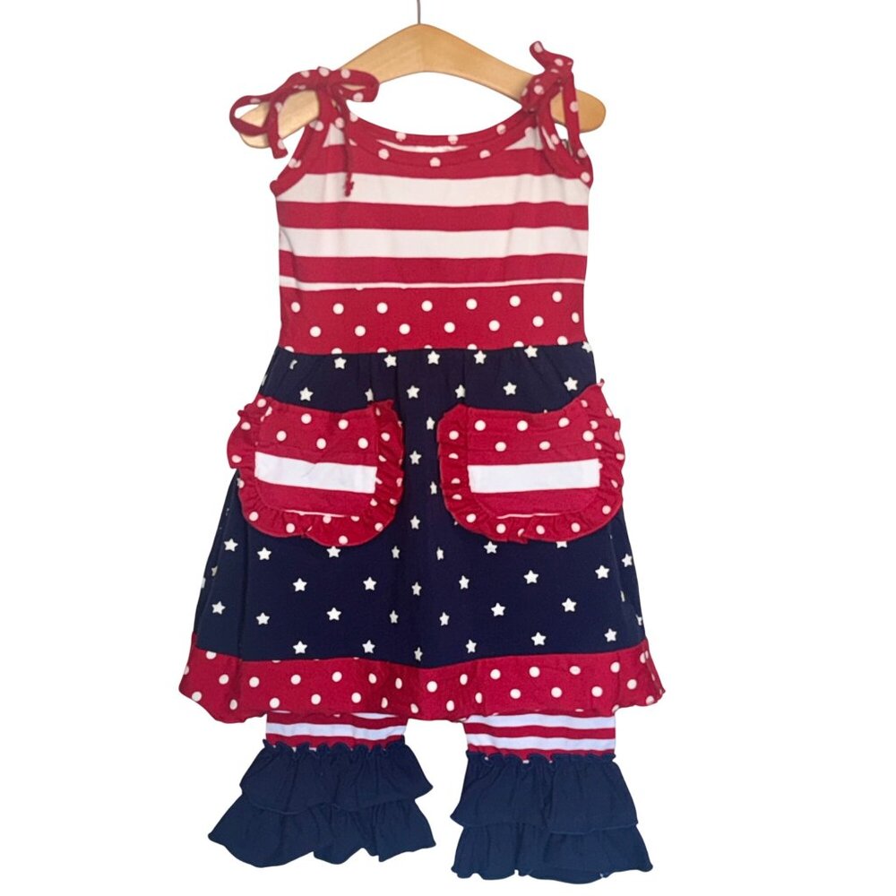 Patriotic Dress & Pants Set Girls 5T Red White Blue Stars Striped Ruffle Cotton